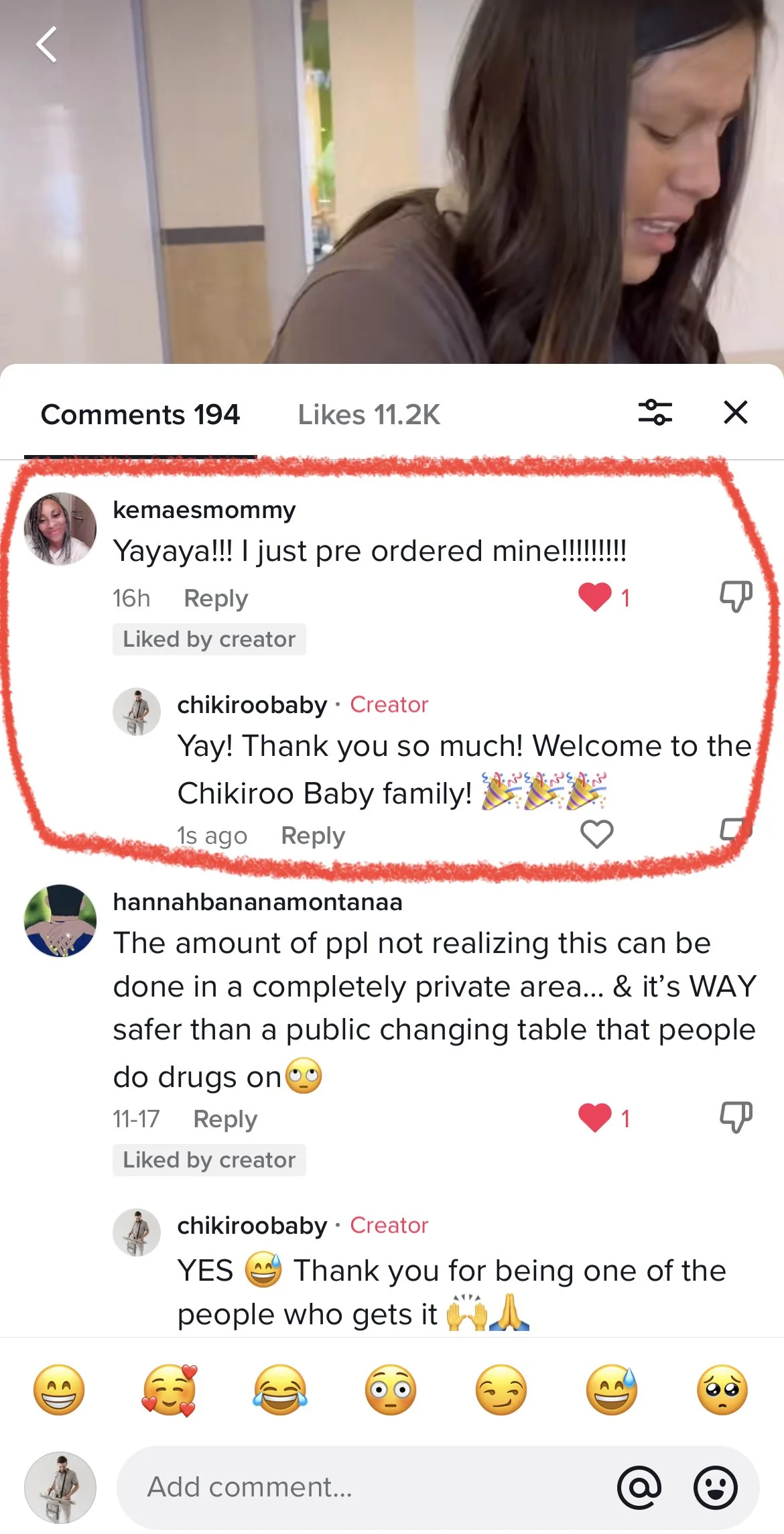 Screenshot of a video with a woman and positive comments celebrating her getting a pre-ordered item, welcoming her to a community, and discussing the importance of private area settings.