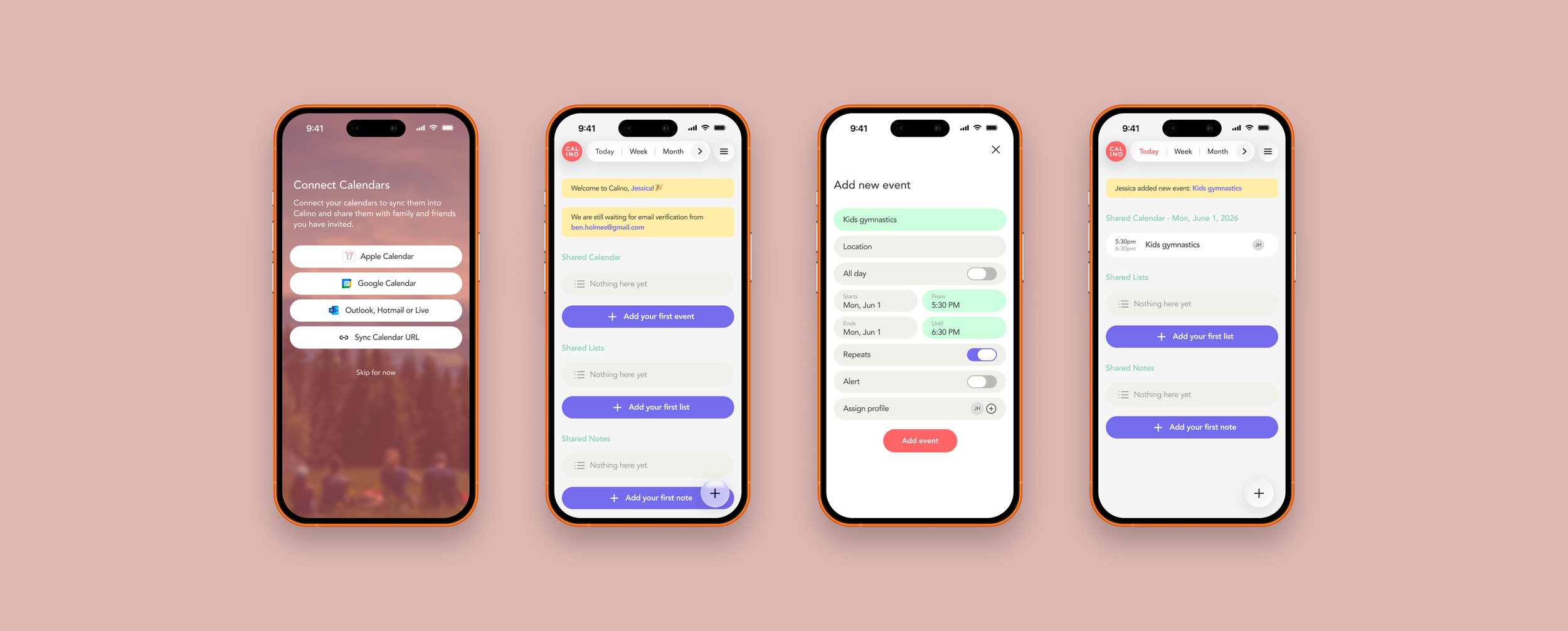 Four smartphones displaying calendar and event management app screens on a pink background.