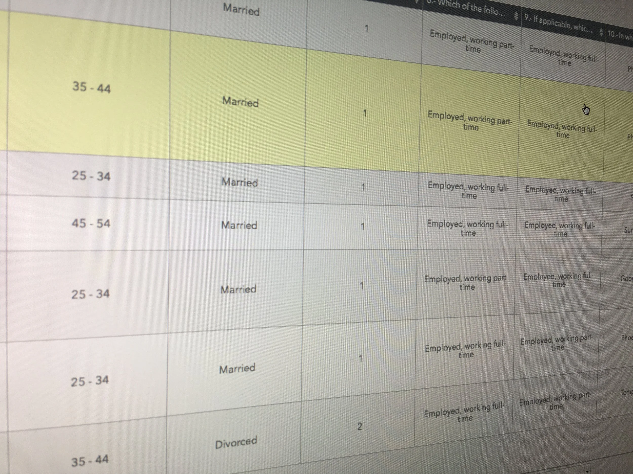 A computer screen displaying a table with various age ranges, most marked as 'Married' and with the number 1 in the adjacent column, alongside repeat text indicating employment status.