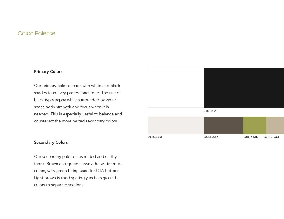 A page from a design guide showing a color palette with primary and secondary colors. The primary colors include white and black, with secondary colors in shades of brown, green, and light beige, along with their hex codes.