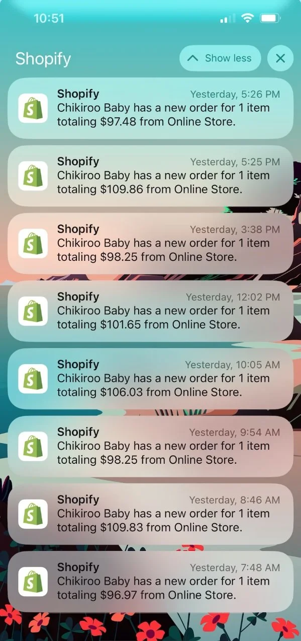 Screenshots of multiple Shopify order notifications for Chikiroo Baby, showing various order times and amounts ranging from about $96.97 to $109.86.