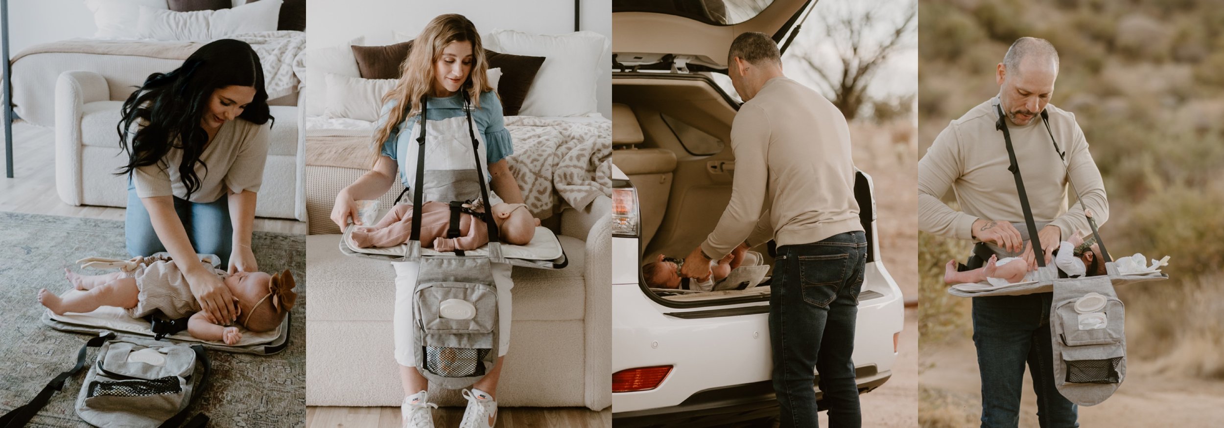 Sequence of four images showing a family preparing for a trip. The first image shows a woman lying on the floor, comforting a baby lying on a changing pad. The second image shows a girl sitting on a couch, dressed and ready with a backpack and a stroller. The third image shows a man loading a baby into a car's trunk. The fourth image shows the man outdoors holding a baby with a diaper bag hanging from his shoulder.