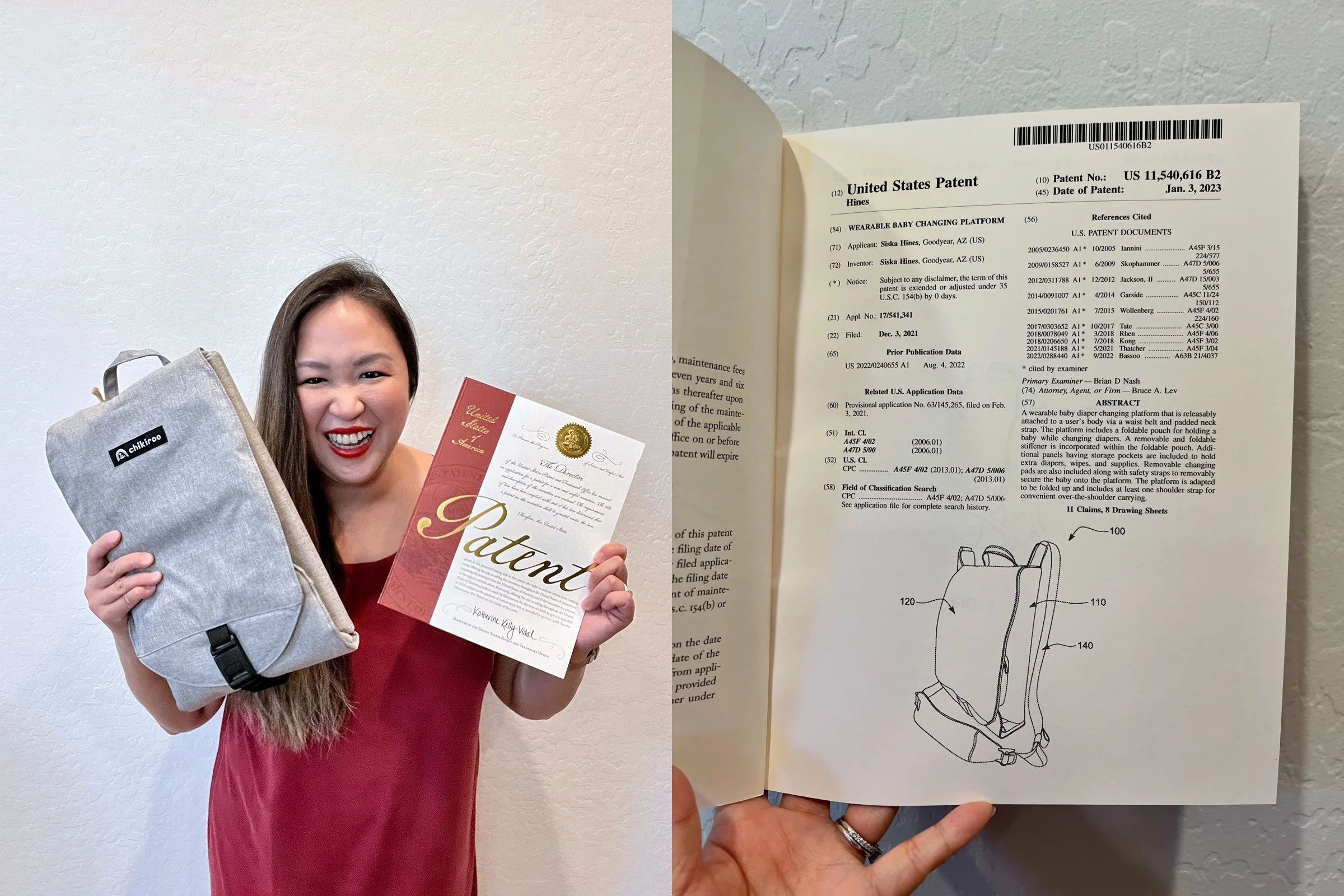A woman smiling and holding a gray backpack, a red certificate, and a patent document, standing against a plain wall. The close-up inset shows a detailed diagram from the patent document.