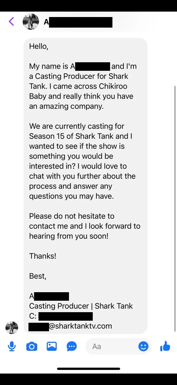 Screenshot of a message from a casting producer for Shark Tank, introducing themselves and expressing interest in casting for Season 15, mentioning Chikiroo Baby, and providing contact information.