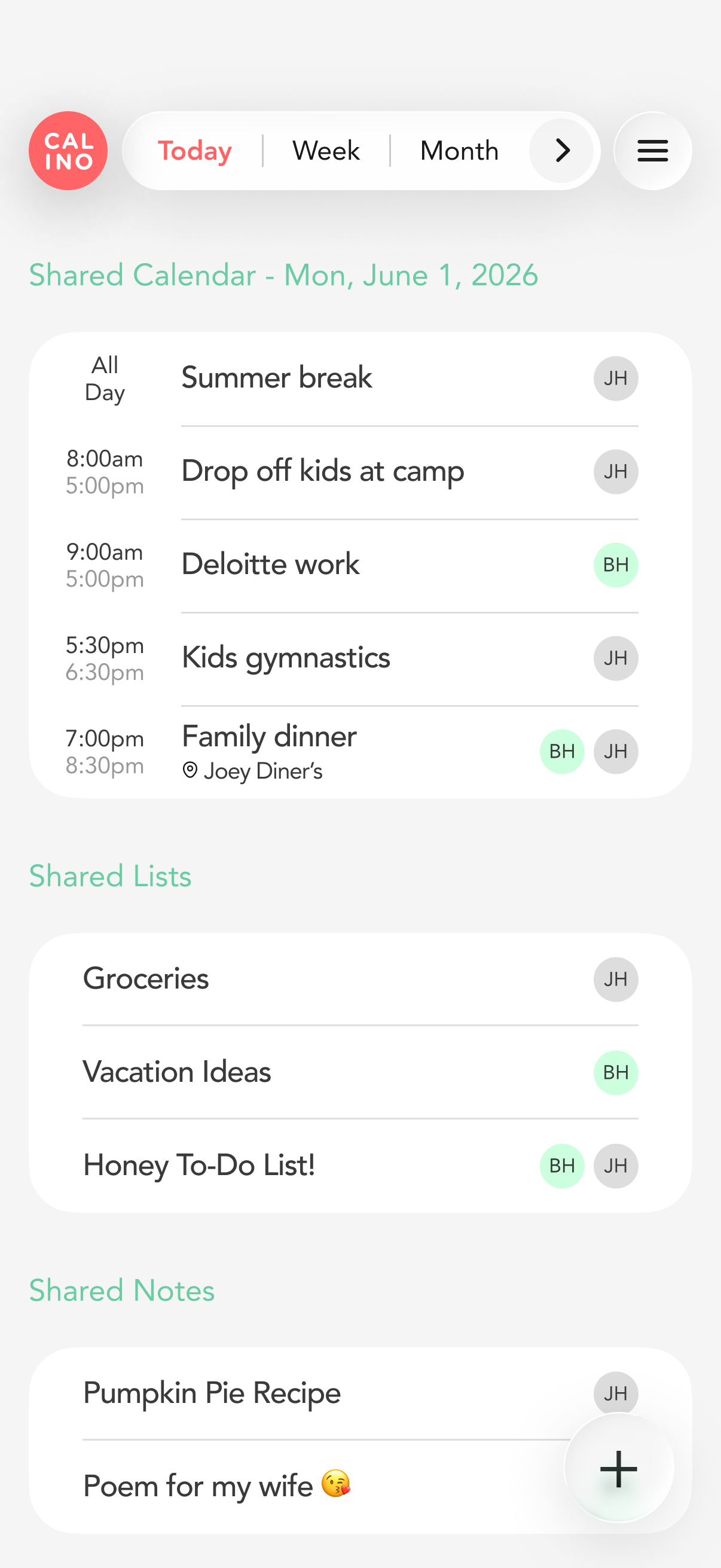 Screenshot of a shared digital calendar showing scheduled activities for June 1, 2026, including summer break, kids drop-off, work, gymnastics, family dinner, along with shared lists for groceries, vacation ideas, honey-do list, and notes including a pumpkin pie recipe and a poem for the wife.