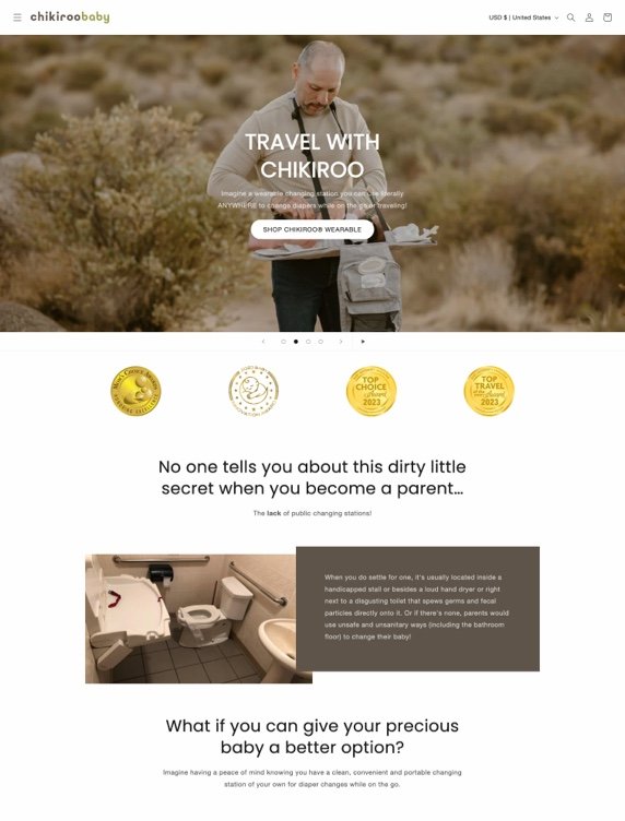 Website homepage for Chikiroo Baby, featuring a man outdoors with a backpack, promoting travel with a baby, and images of a baby changing station and a clean bathroom.