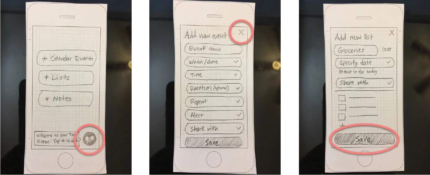 Sketch of a mobile app interface for managing calendar events, lists, and notes, with hand-drawn buttons, input fields, and a navigation icon at the bottom.