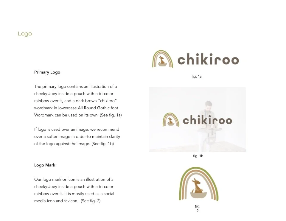 Page from brand guidelines showing logo design with a rainbow over a pouch with a cheery Joey inside, and a dark brown "chikiroo" wordmark in lowercase All Round Gothic font, including a logo mark of a Joey inside a pouch with a rainbow over it.