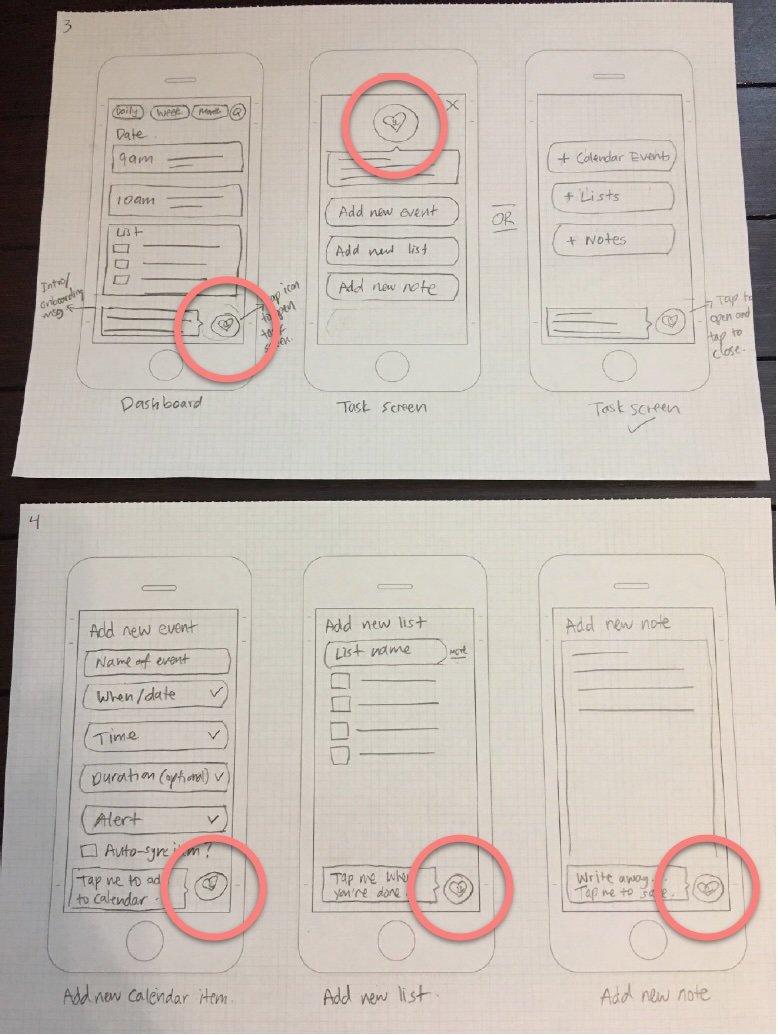 Sketches of three mobile app screen designs with buttons and icons, including calendars, lists, notes, and heart icons, on grid paper.