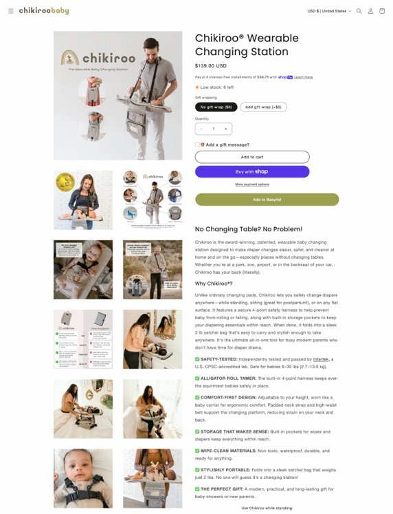 Product page for Chikiroo wearable changing station. Displays images of the portable diaper changing station, its features, and children using it. Includes price, options, and benefits of the product.