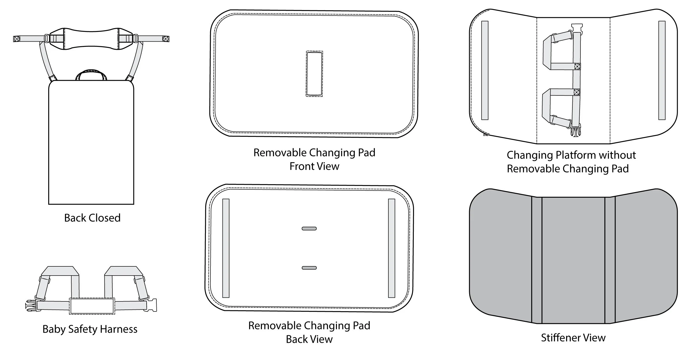 Diagram of a portable baby changing station with different views: back with closed lid, removable changing pad front view, changing platform without removable pad, back view, and stiffener view; also shows baby safety harness.