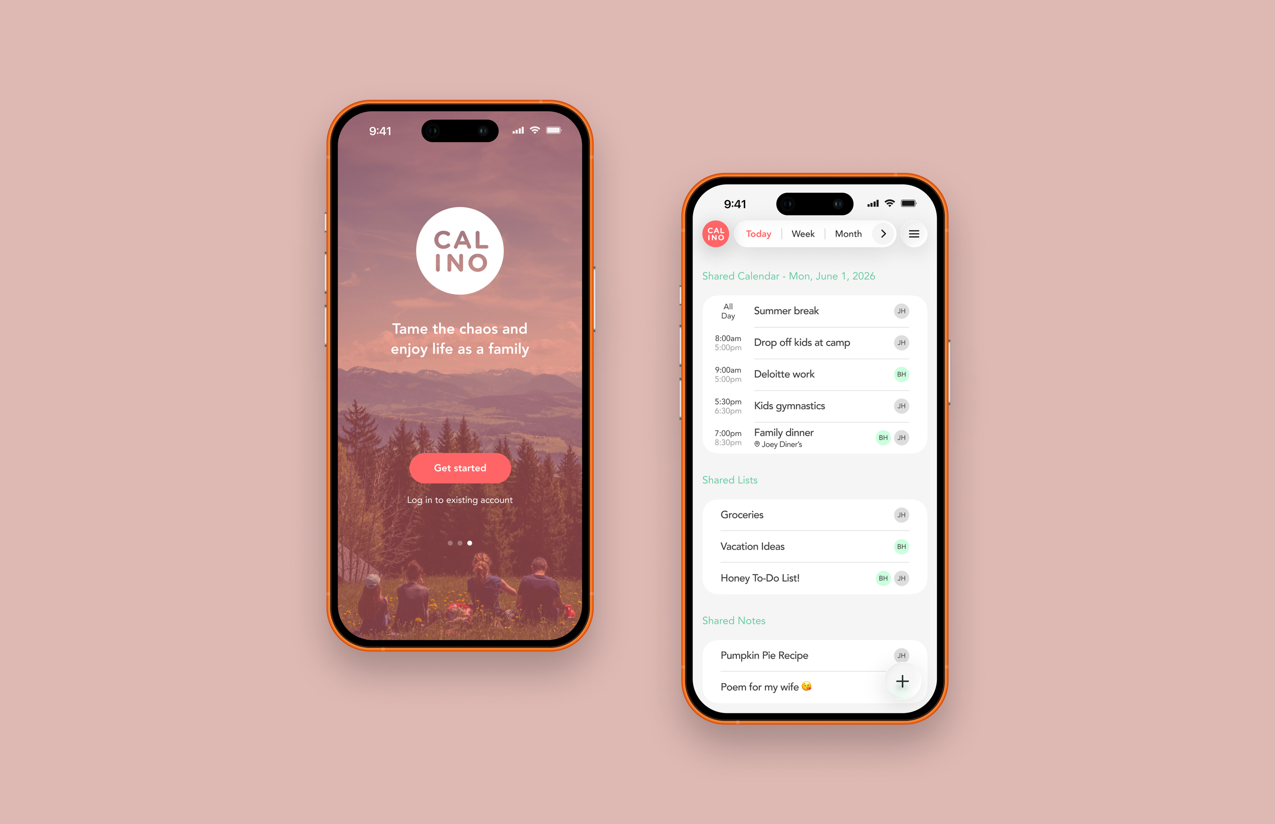 A screenshot of a mobile app with two screens side by side. The left screen shows the app's splash page with a sunset background, mountains, and a label "CAL INO" with a tagline "Tame the chaos and enjoy life as a family." There is a red "Get started" button. The right screen displays a shared family calendar with scheduled events for June 1, 2026, including activities like "Drop off kids at camp," "Deloitte work," "Kids gymnastics," and "Family dinner," with some events grouped by initials representing family members.