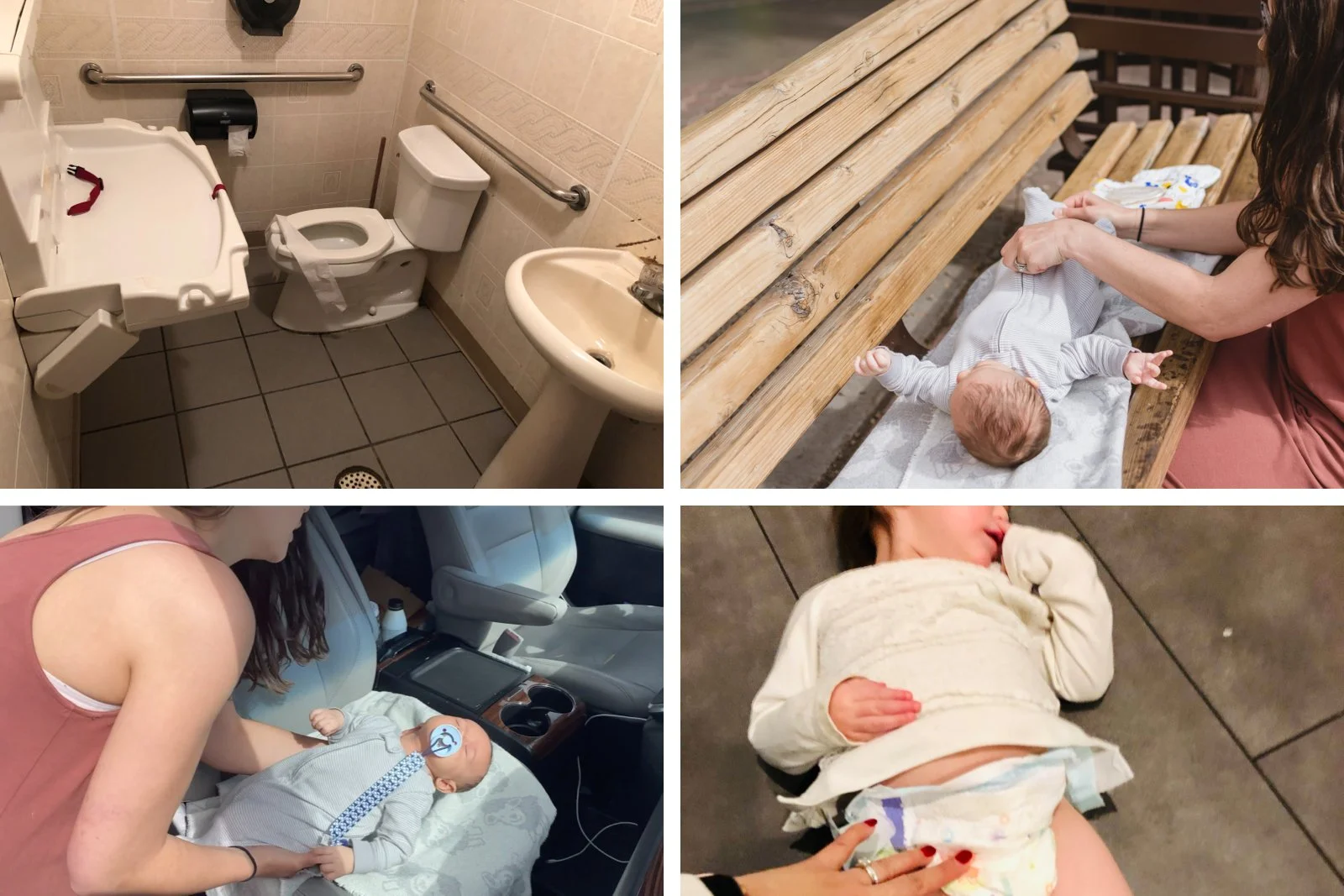 A collage of four images: a hospital bathroom with a portable toilet, a woman with long hair adjusting a baby lying on a wooden bench, a woman in a pink tank top holding a baby with a pacifier in a car, and a woman lying on the ground with a baby in a diaper.