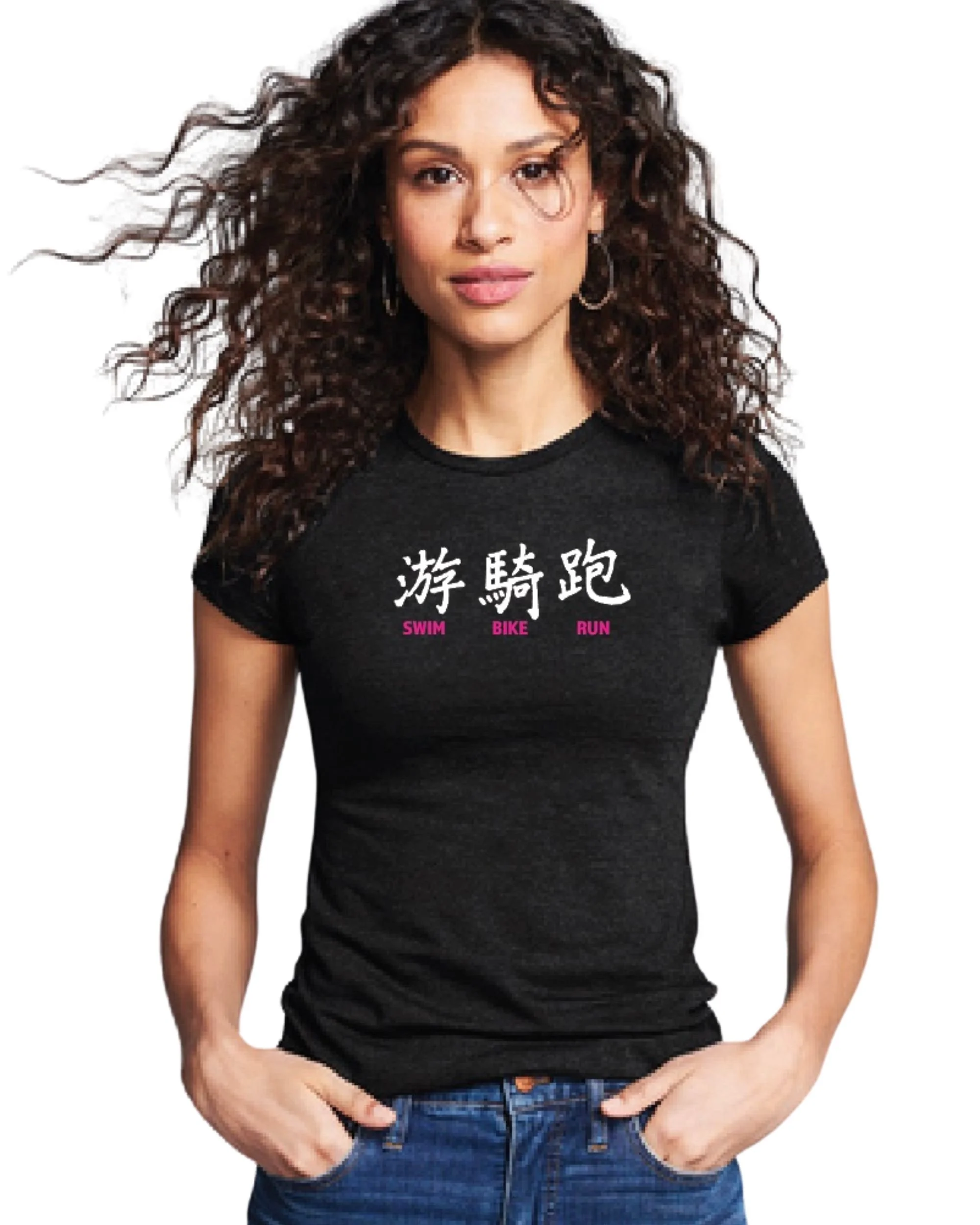 Swim Bike Run Ladies Black Tee - Crewneck or V-neck