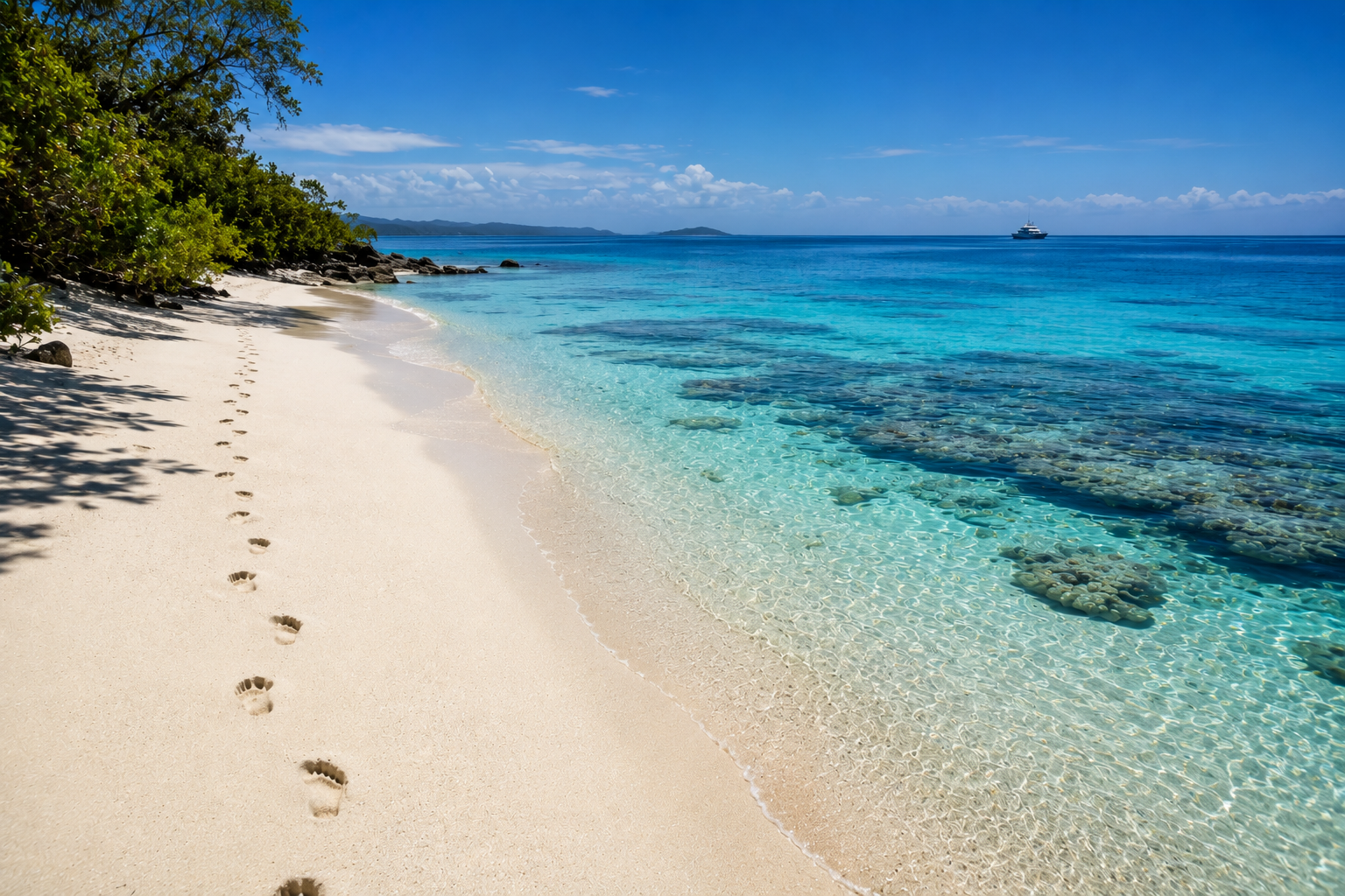 Pristine white sand beach with crystal-clear turquoise water, vibrant coral reef and unspoilt tropical coastline