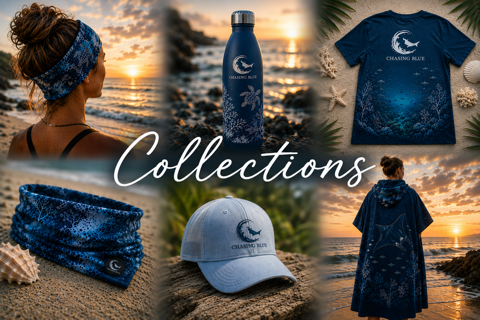 Collage of premium ocean-inspired products including dive apparel, accessories, drinkware and outdoor gear designed for life in, on and around the ocean