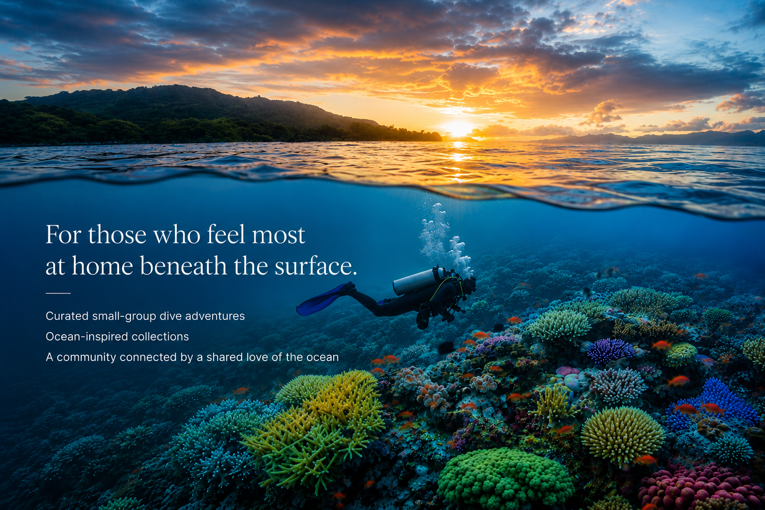 Scuba diver exploring a vibrant coral reef teeming with fish at sunrise with tropical islands in the background
