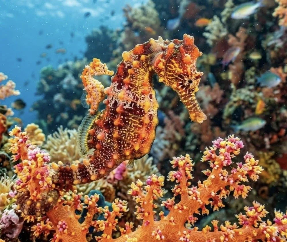 Brilliant coloured adult and juvenile seashorses camouflaged among vibrant coral on a tropical coral reef