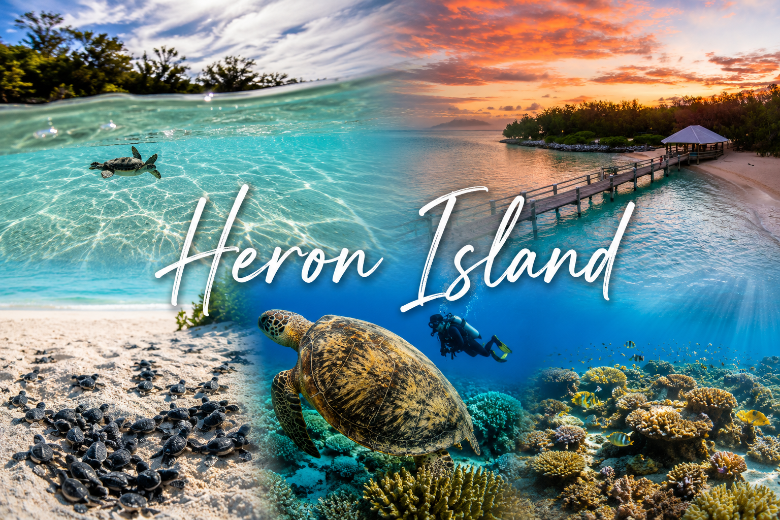 Collage showcasing Heron Island on the Great Barrier Reef, featuring crystal-clear turquoise water, turtle hatchlings, a green sea turtle, turtle hatchlings, vibrant coral reefs, scuba diving and tropical islands