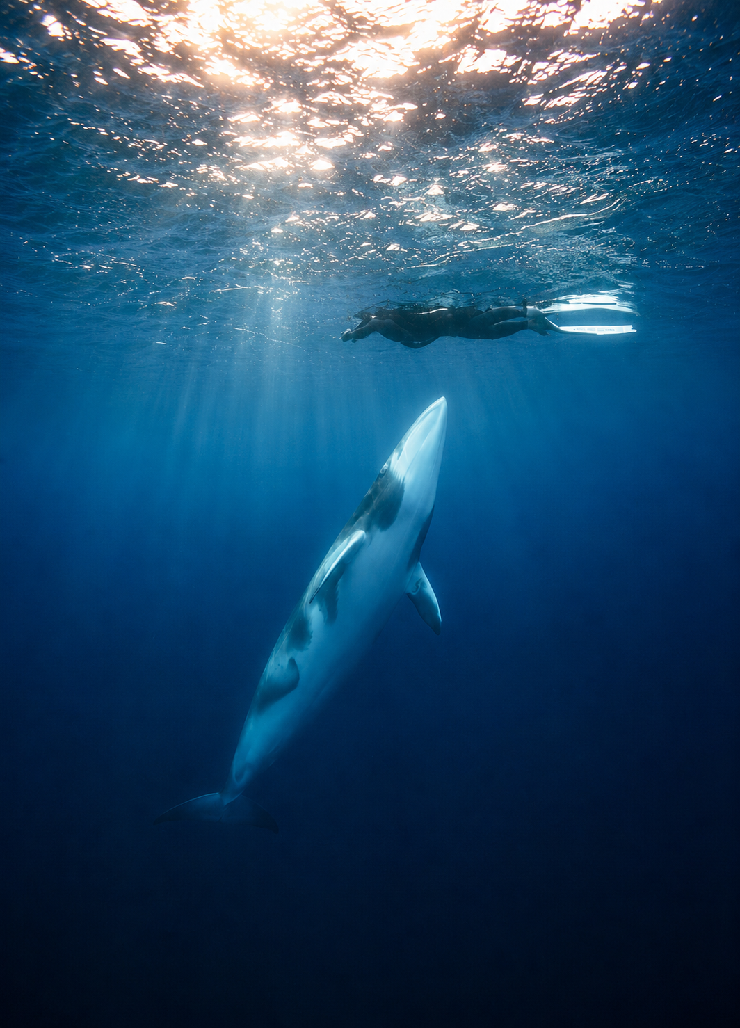 Free diver swimming above a Dwarf Minke Whale in clear blue ocean water with sunlight streaming
