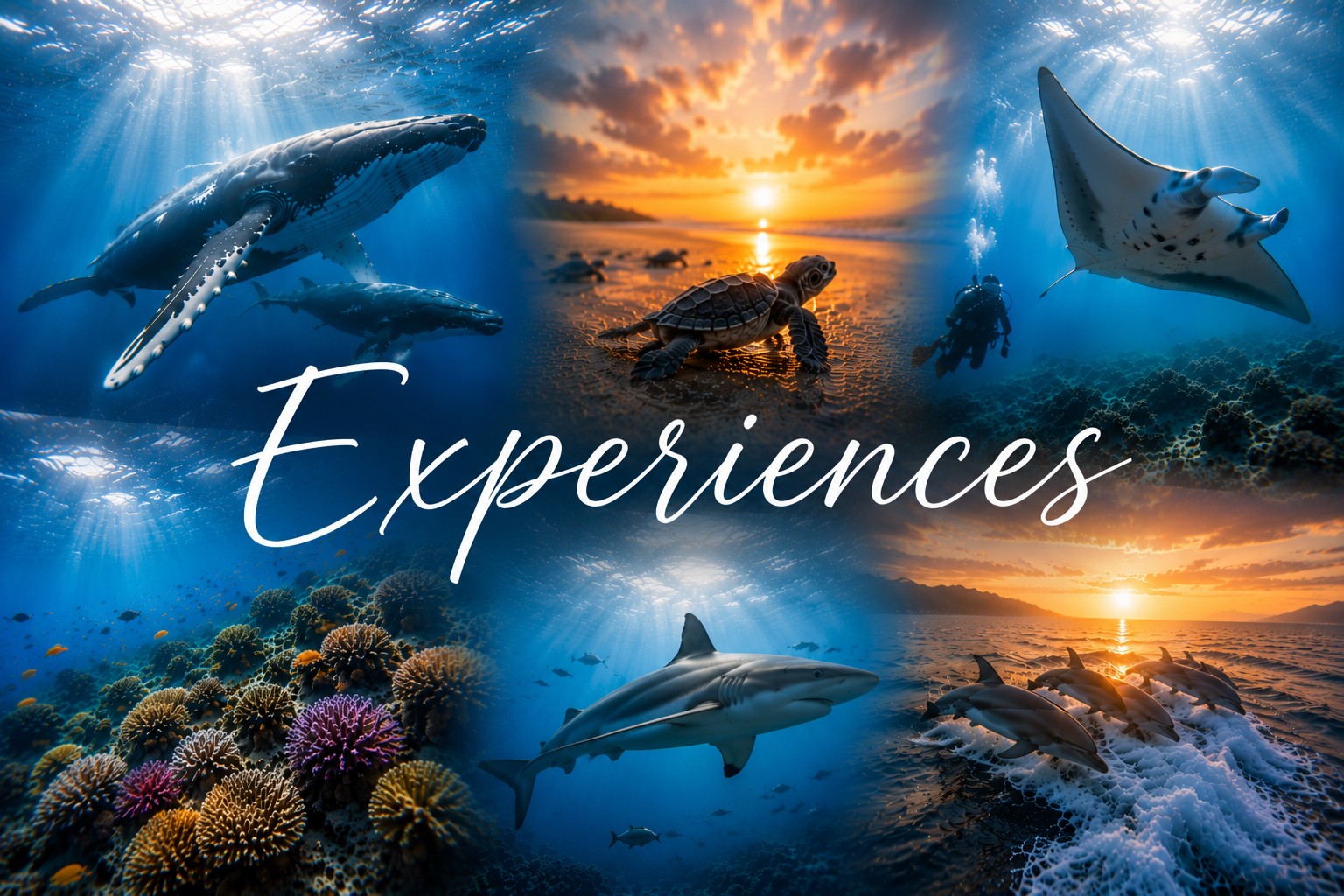 Collage of scuba diving adventures featuring whales, manta rays, sharks, dolphins, sea turtles, coral reefs and tropical sunsets