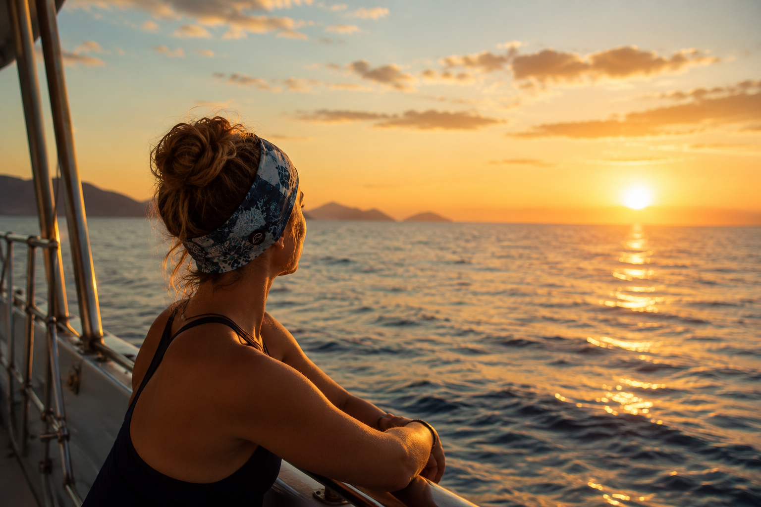 Woman watching the sunset from a boat after a day exploring the ocean
