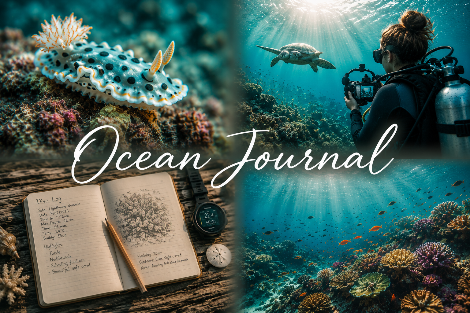 Collage featuring marine life, underwater photography, coral reefs, dive logs, and ocean exploration that inspire the Chasing Blue Ocean Journal