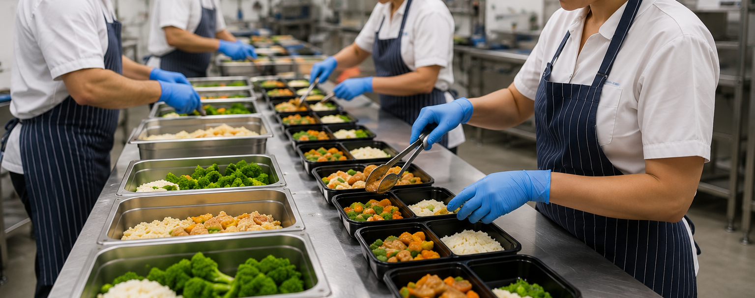 Kitchen staff preparing bento boxes with rice, vegetables, and chicken in a commercial kitchen.