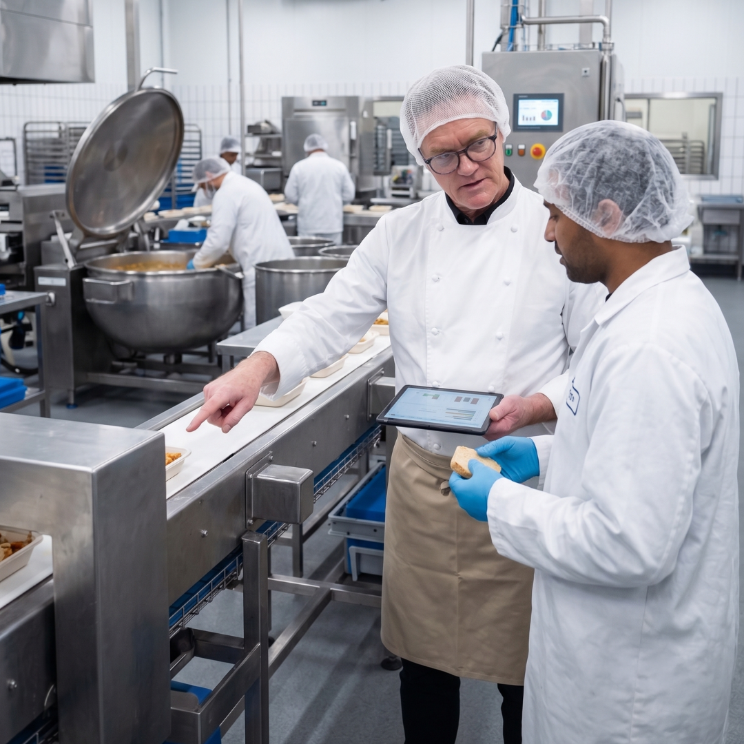 Two male chefs in a commercial kitchen, one pointing at food on a conveyor belt while the other holds a tablet. Both wear white chef jackets, hairnets, and gloves. Several other chefs are working in the background.
