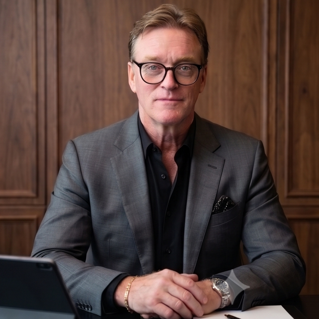 A man in a gray suit and black shirt sitting at a desk with a tablet, in front of a wooden panel wall.