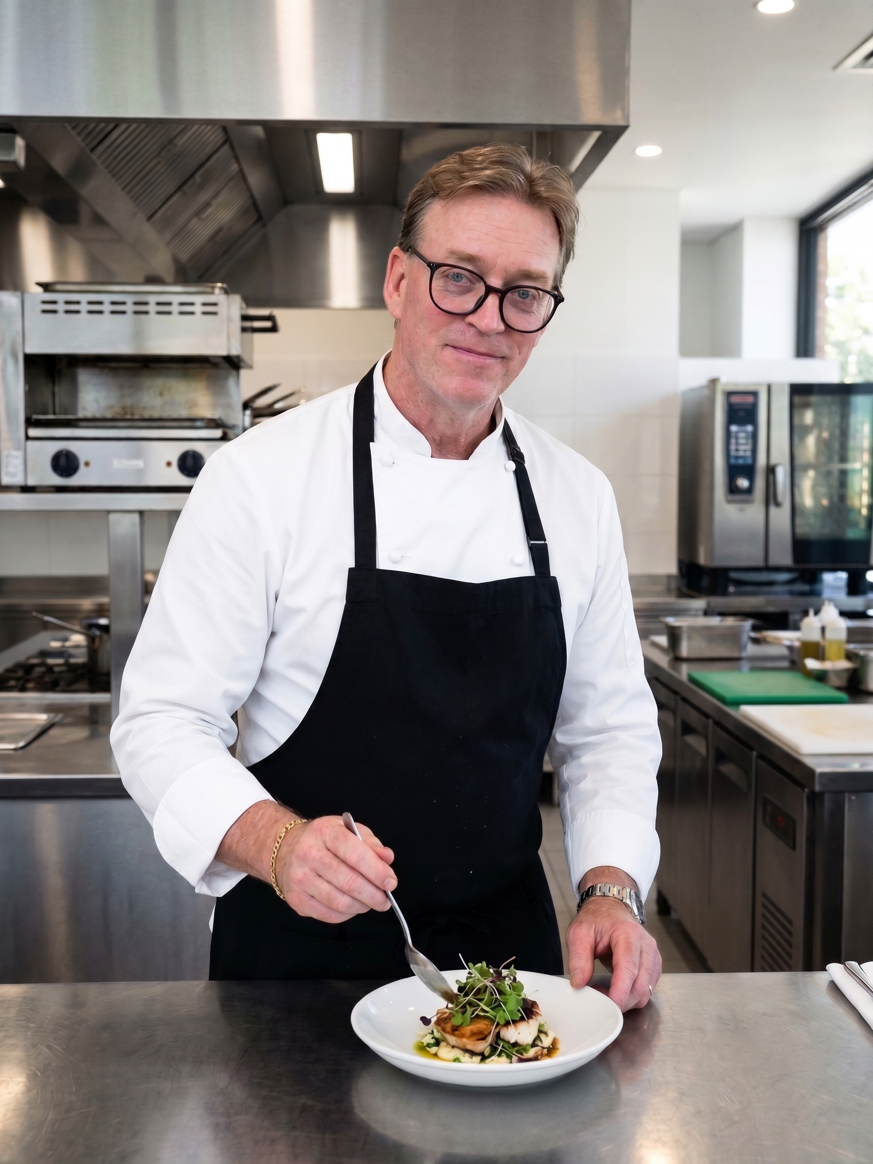 A chef in a professional kitchen garnishing a plated dish with microgreens.