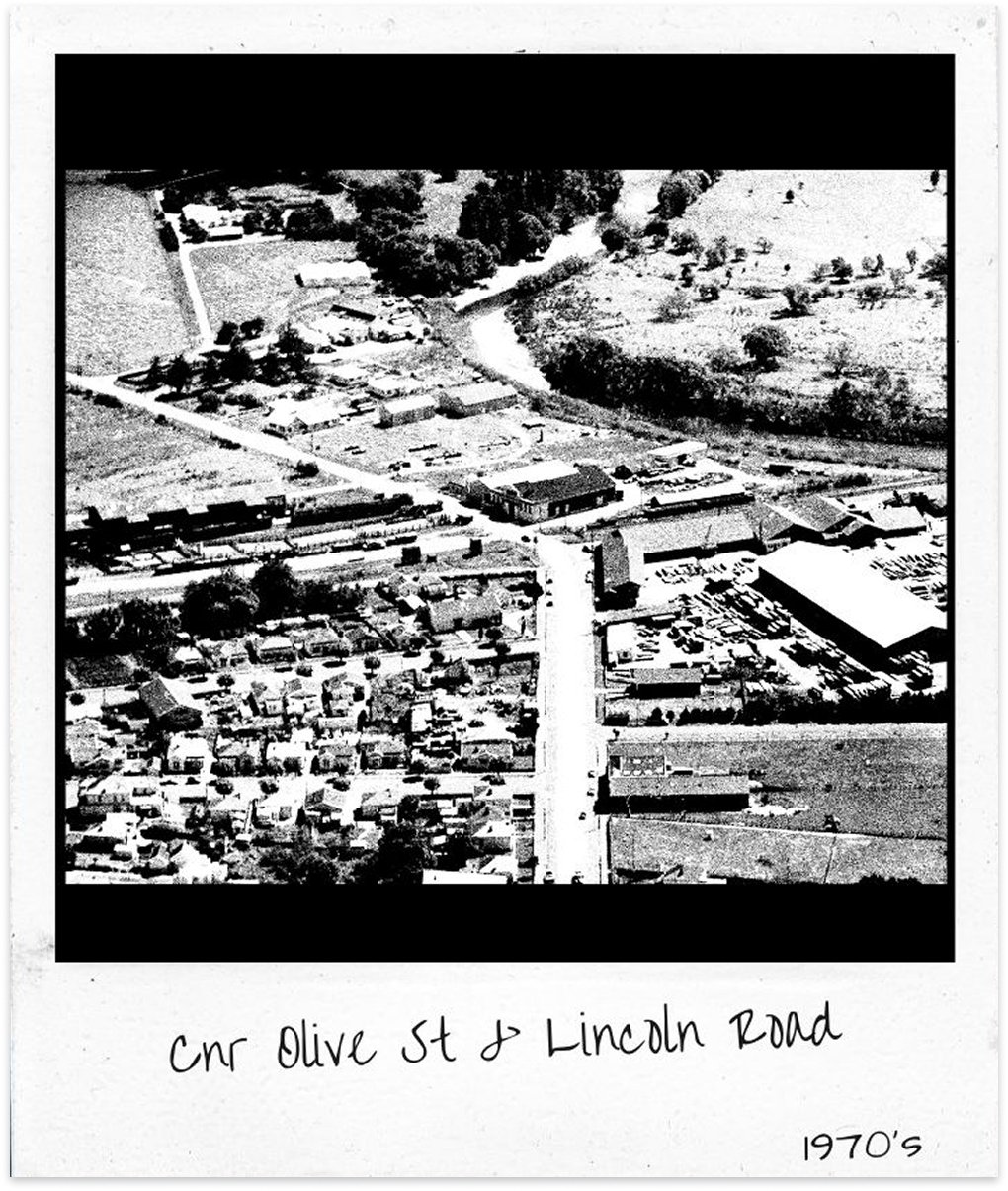 Aerial view of the corner of Olive Street and Lincoln Road in Masterton in the 1970s.