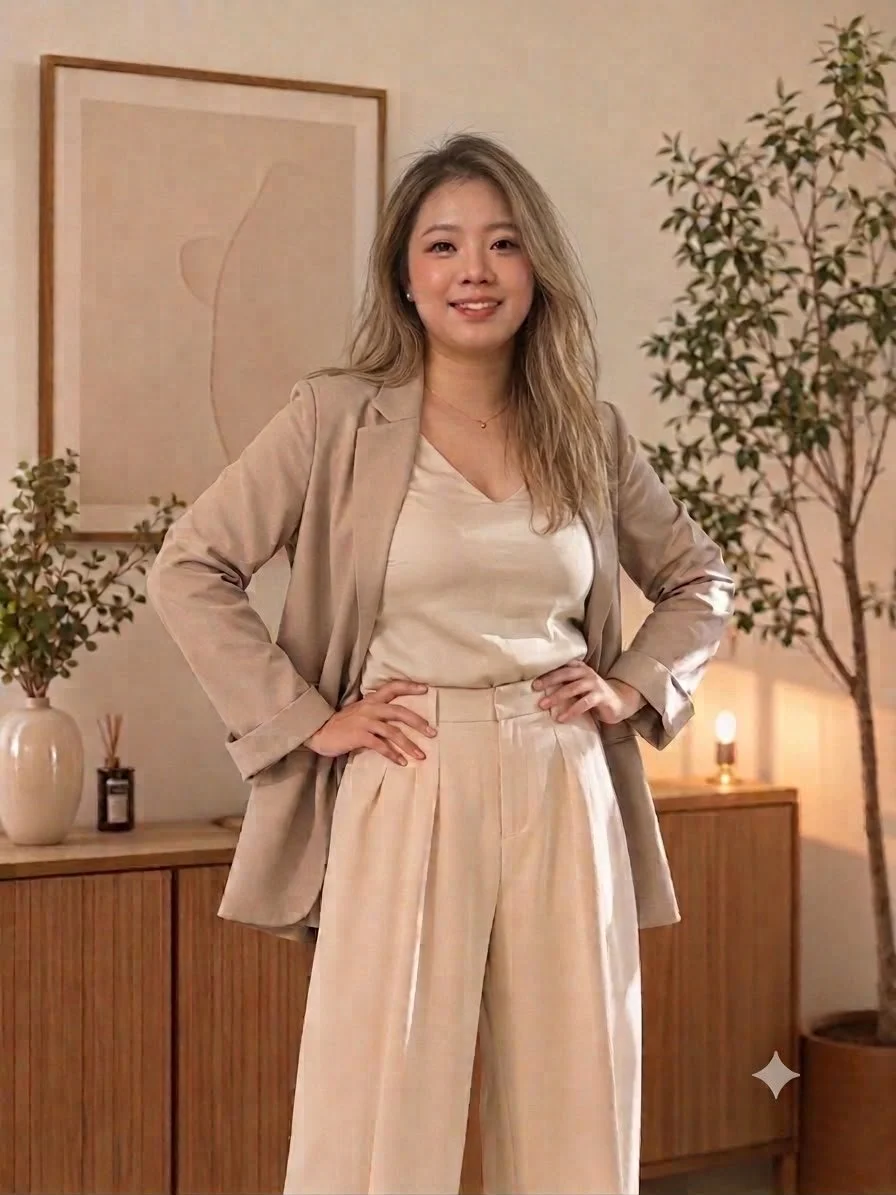 A woman in a beige suit standing in a well-lit room with a wooden sideboard, potted plants, and minimal wall art.