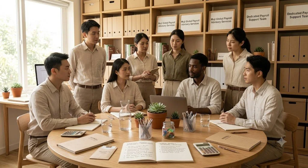 Group of eight diverse professionals in a meeting room with wooden shelving, discussing and working around a round table with documents, laptops, and plants.