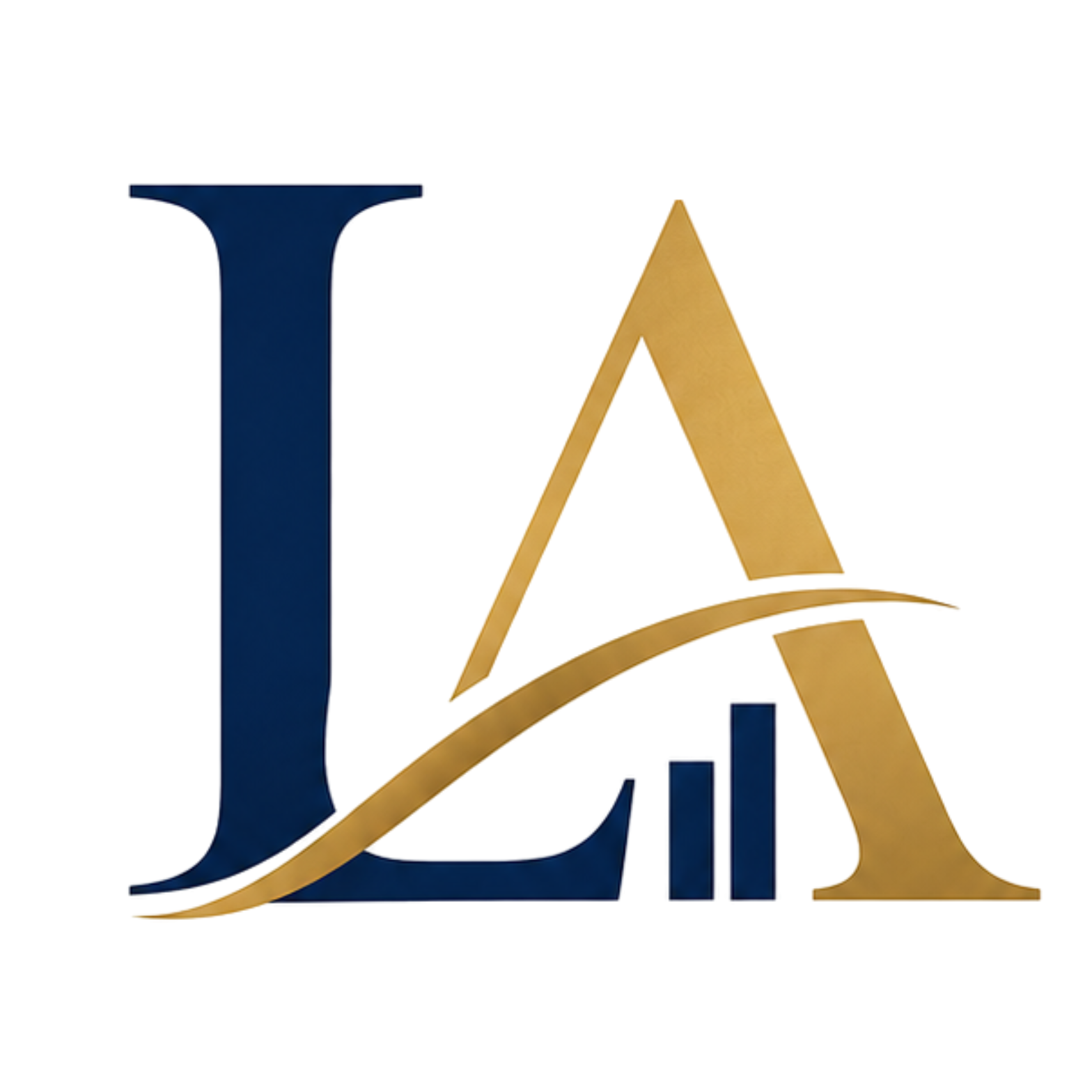 Close-up of a logo with large navy blue and gold stylized letters and a curved gold line.
