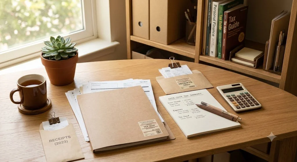 A wooden desk by a window with a potted succulent, a cup of tea, various receipts, a notepad, a pen, a calculator, and a bookshelf in the background.