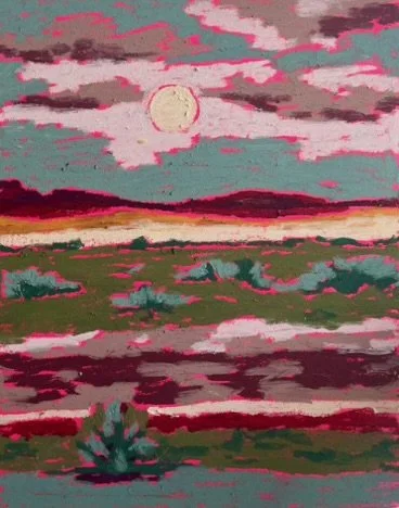 Stylized landscape of a desert scene under a vibrant sky with a large full moon, colorful clouds, and sparse desert vegetation.