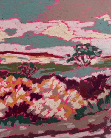 Impressionist-style painting of a landscape with trees, shrubs, and a colorful sky.