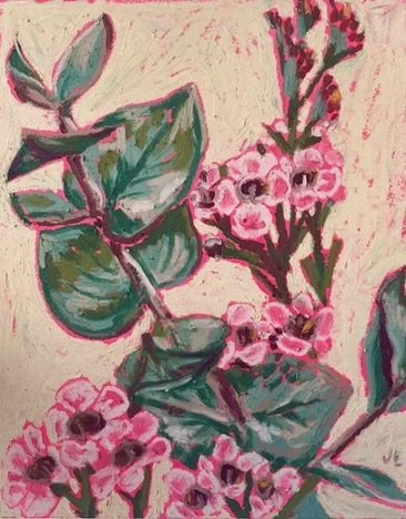 Stylised abstract oil pastel artwork of pink Geraldton wax and shades of green eucaltyptus leaves on a fluro pink background with a neutral beige layered on top in a painterly, textured style