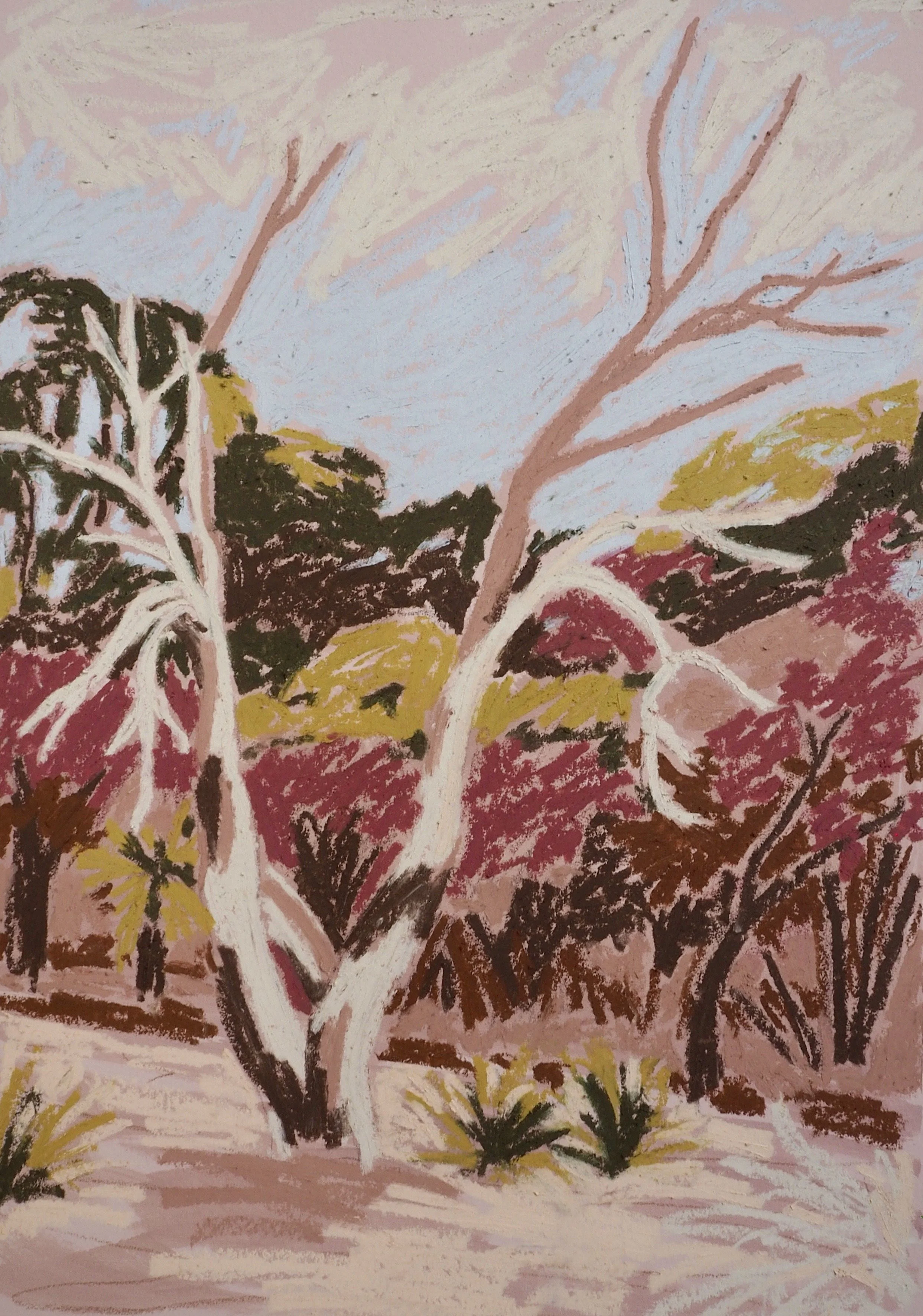 An abstract australian landscape painting with trees, branches, and foliage in earthy tones of pink, brown, green and blue. the foreground is the focus point which is a dead tree, the background trees have a pinkish colour and charred trunks