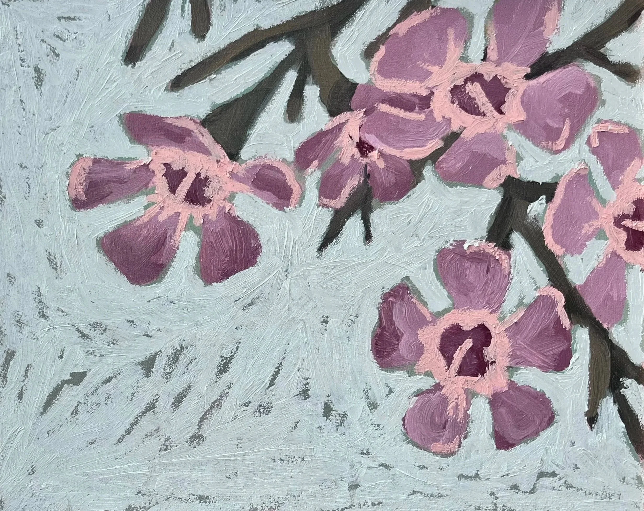 Close-up of a painting depicting pink Geraldton wax flowers with darker pink centers and earthy green stems and leaves on a textural, painterly background in a celadon green colour.