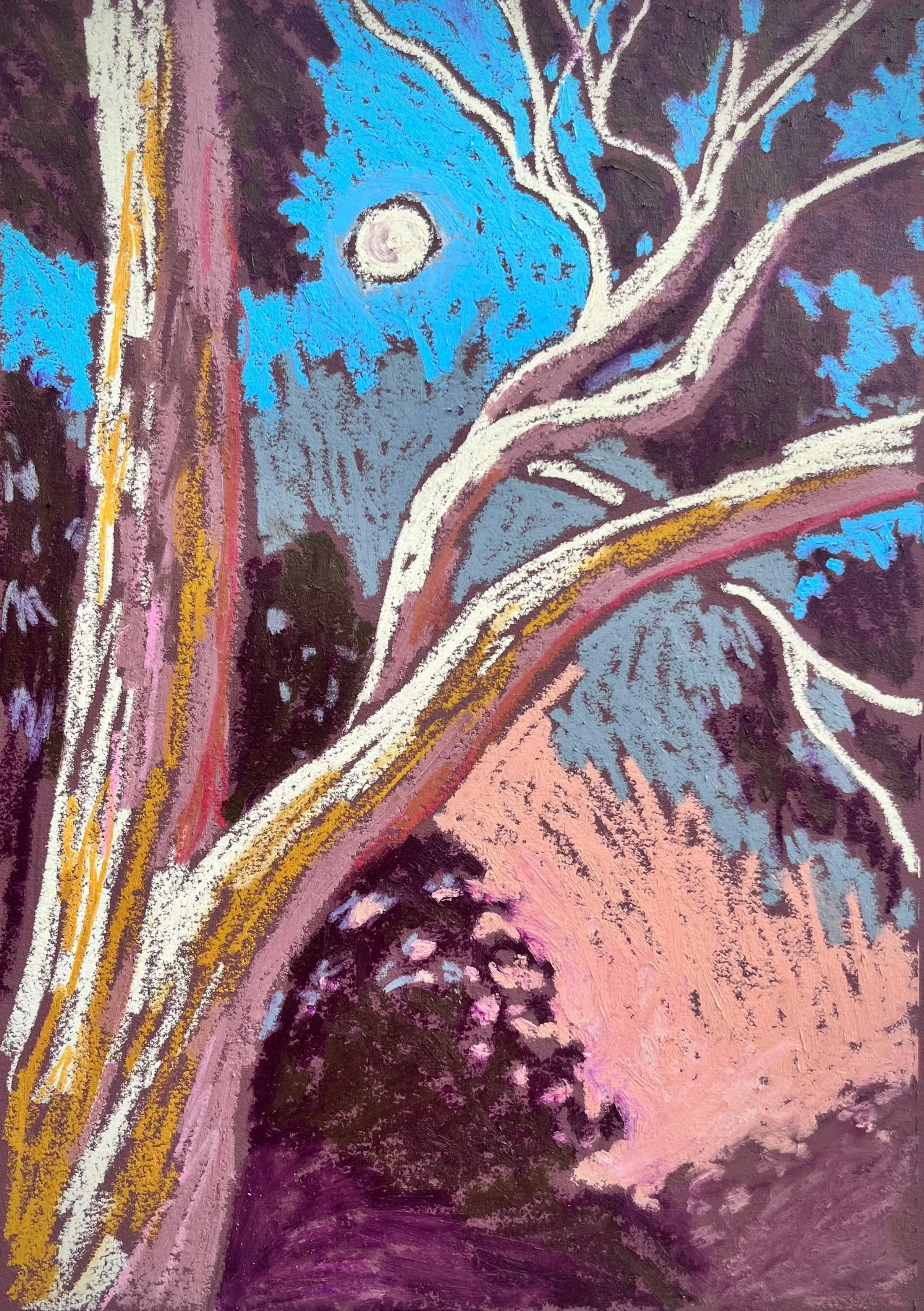 An abstract painting depicting a moonlit evening with shades of blue, pink and purple mark making in the background implied sky and foliage with a tree trunk and limbs in the foreground. there is a yellow moon framed by the foliage and leaves