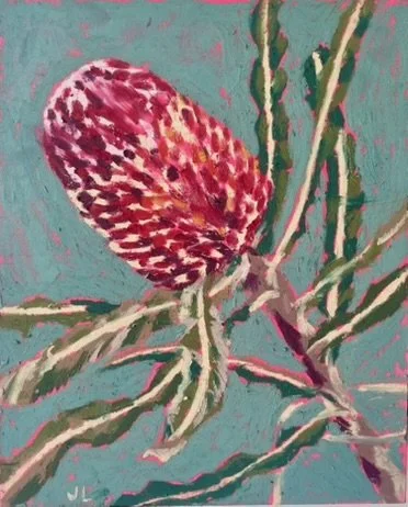 Painting of a pink and white protea flower with green and pink stems on a teal background.