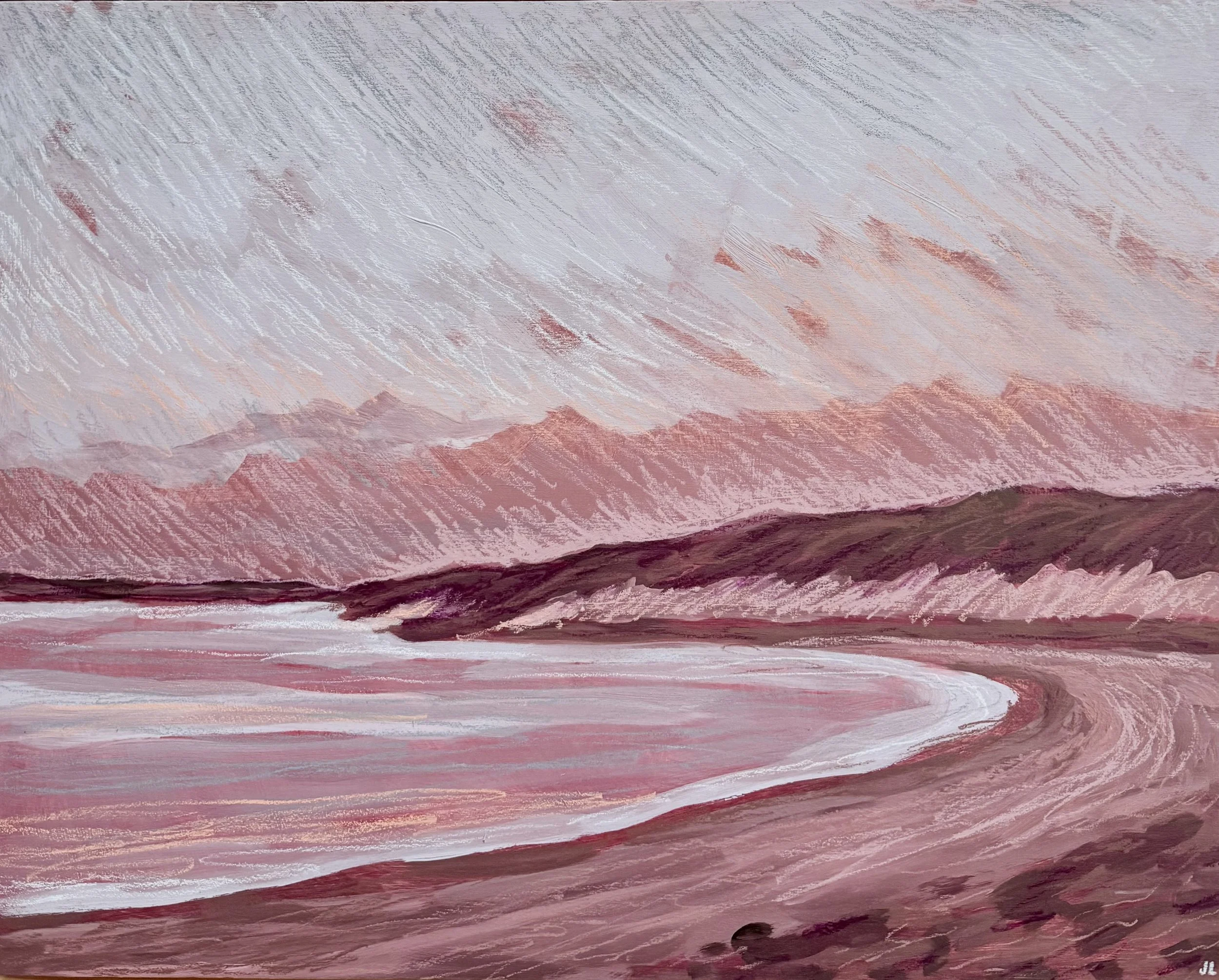 An abstract painting using acrylic and oil pastel with textural, diagonal brush strokes in shades of pink, blue, white, and earthy purple, blending together to create a textured and layered appearance. the colours are otherworldly and sunsetlike