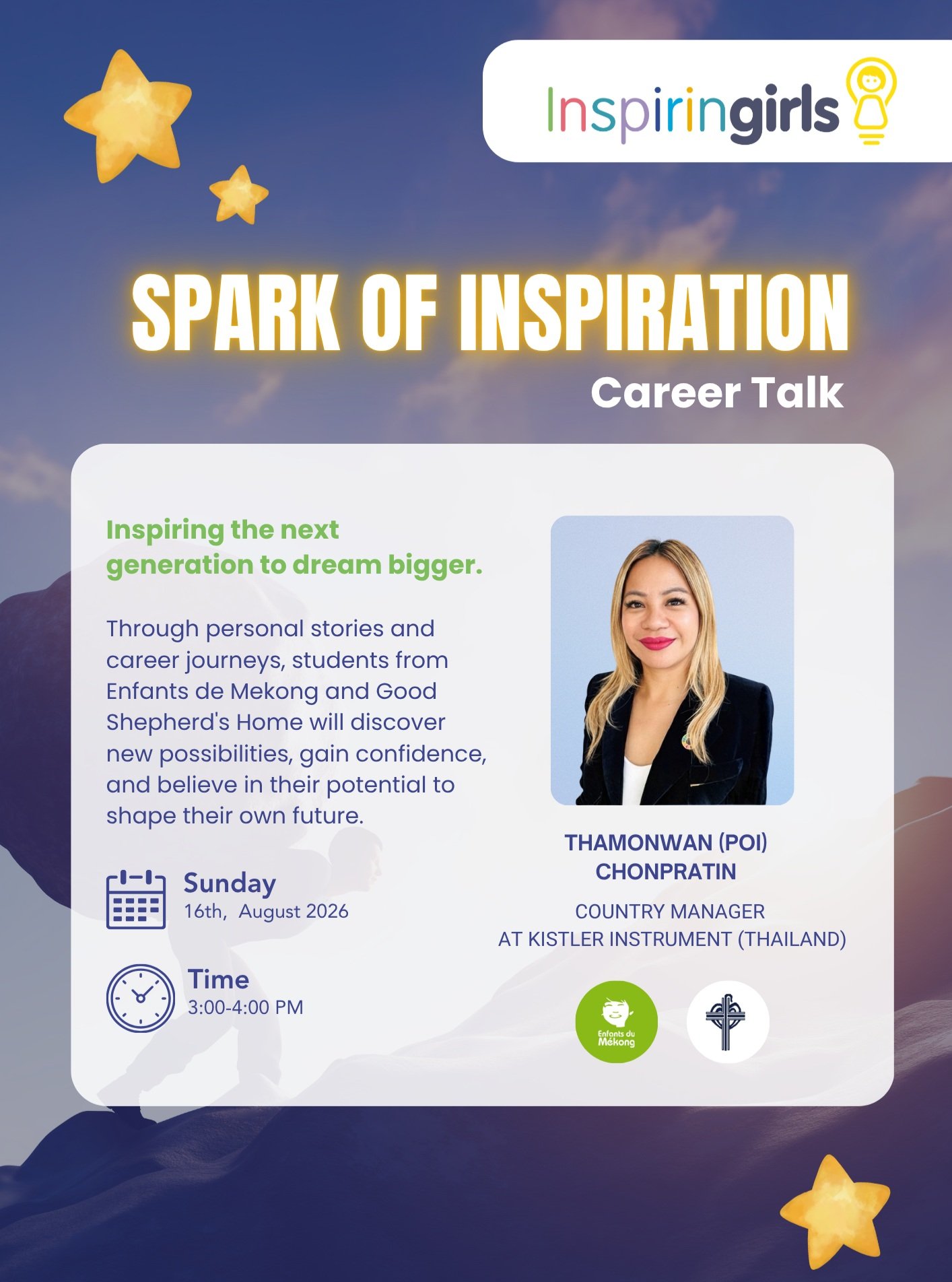 ✨ SPARK OF INSPIRATION | Career Talk ✨

This weekend, Inspiring Girls Thailand is excited to bring a special Spark of Inspiration career talk to girls from Good Shepherd&rsquo;s Home, in partnership with Enfants de Mekong. 💛

Through personal storie