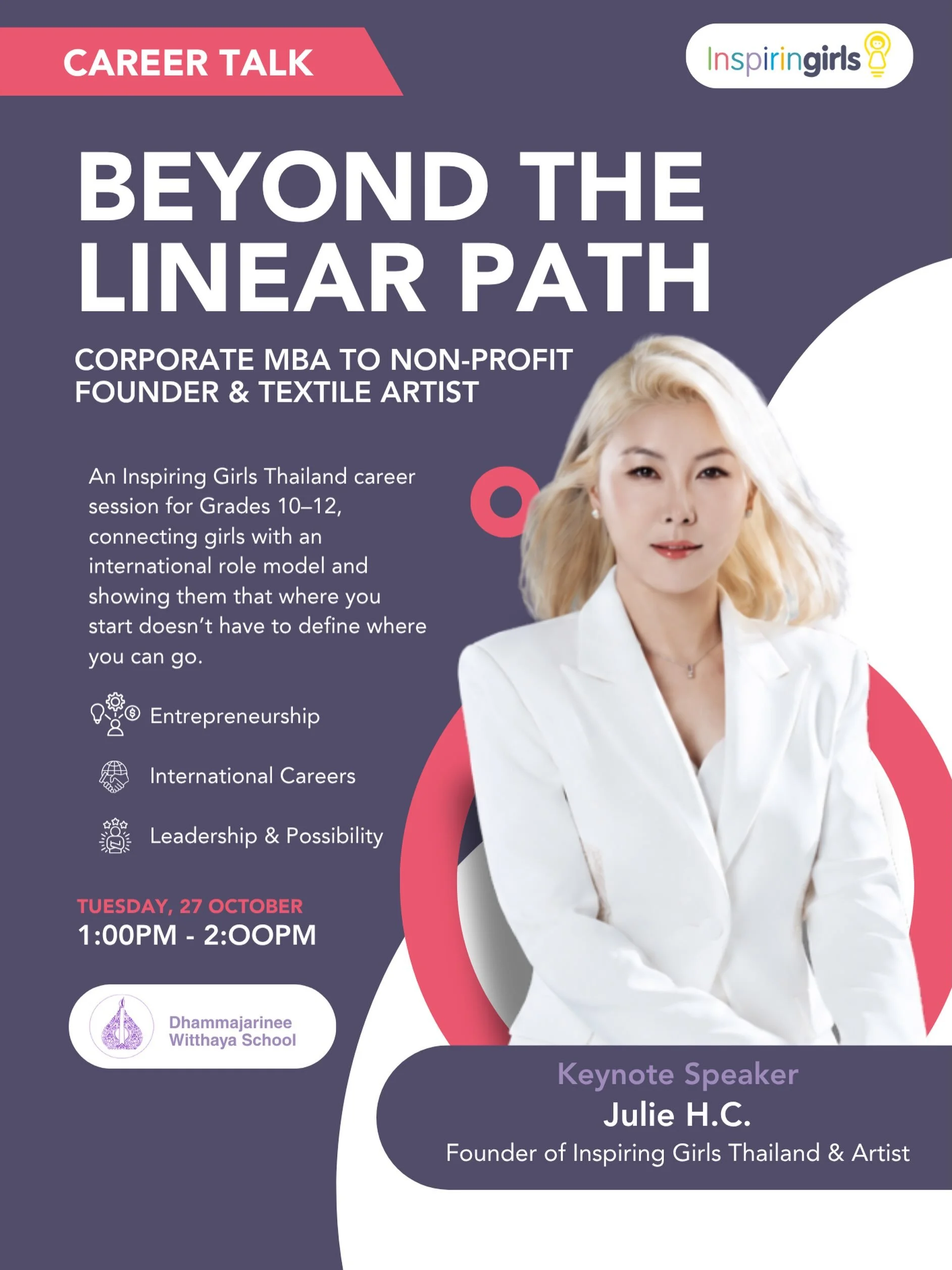 ✨ Beyond the Linear Path: Redefining What Success Looks Like

Who says your career has to follow a straight line?

On 27 October, Inspiring Girls Thailand will be connecting with Grade 10&ndash;12 students at Dhammajarinee Witthaya School for a speci