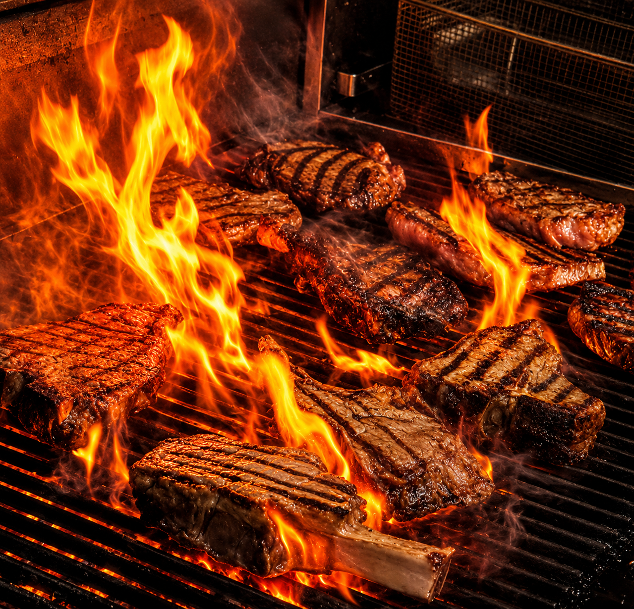 Meat cuts, including steaks and ribs, grilling on an open flame barbecue with visible flames and grill marks.