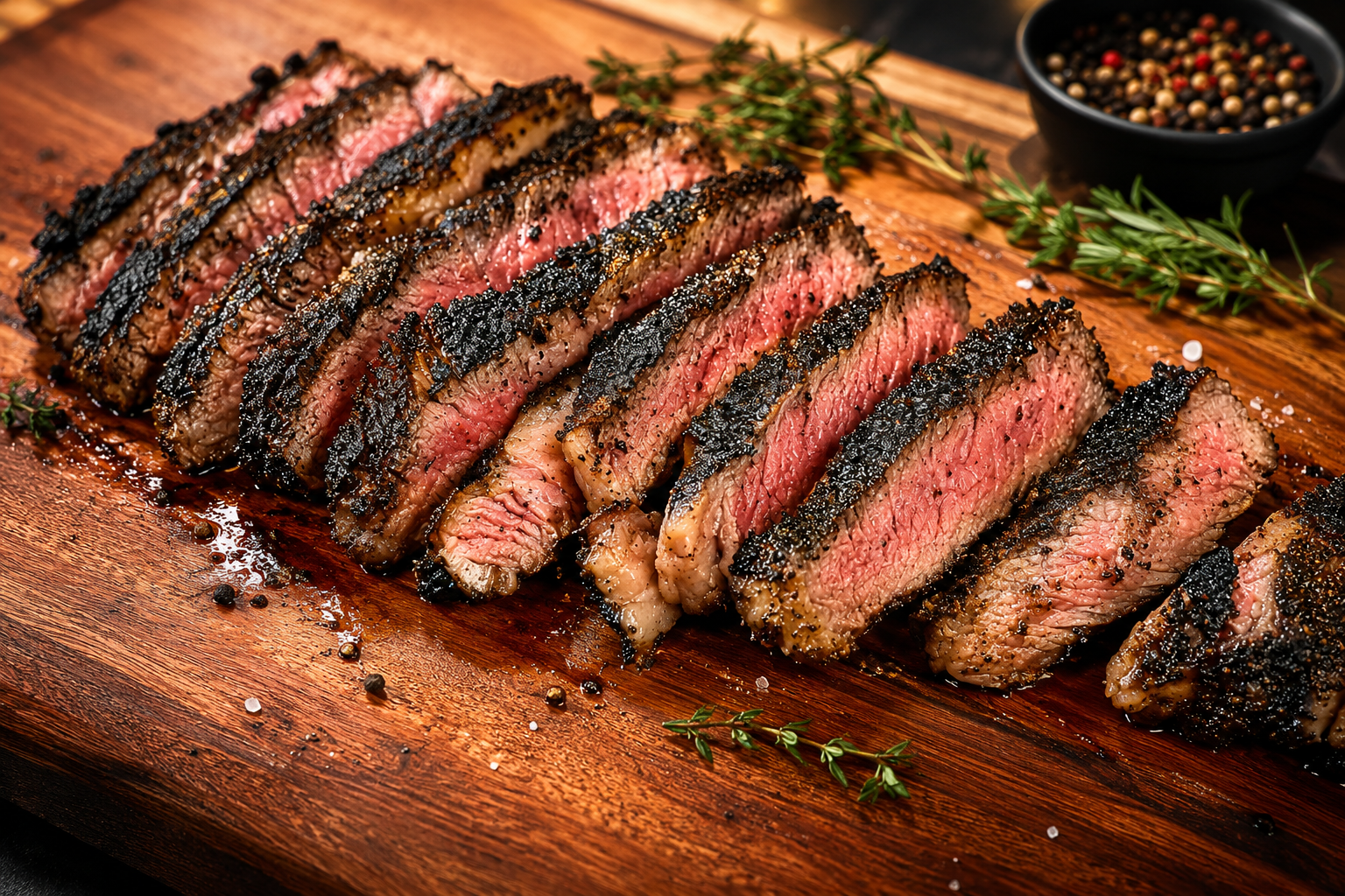 Slices of cooked steak arranged on a wooden cutting board, garnished with herbs and peppercorns, with a small bowl of mixed peppercorns in the background.