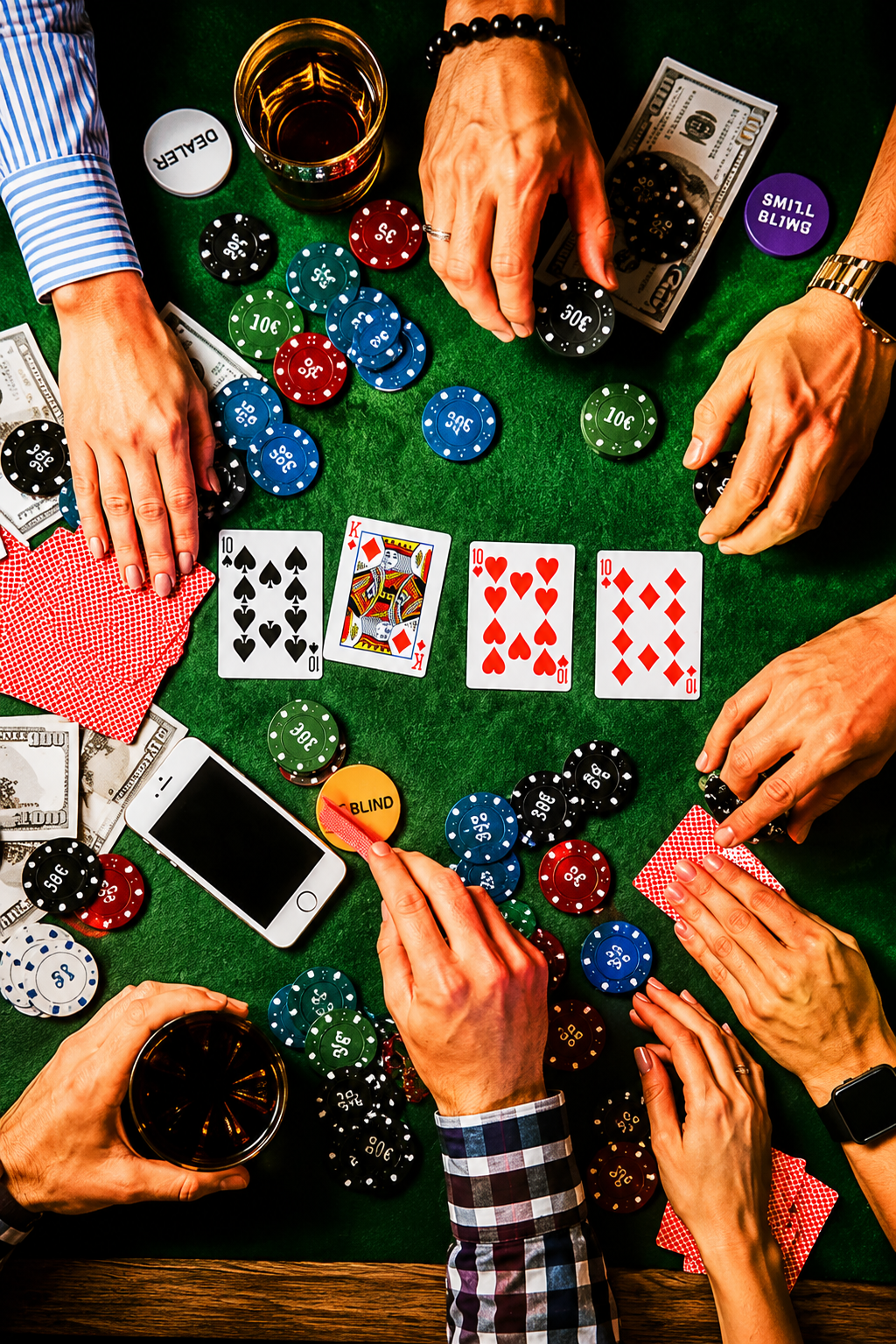 People playing Blackjack at a casino table with poker chips, playing cards, money, smartphones, and drinks.