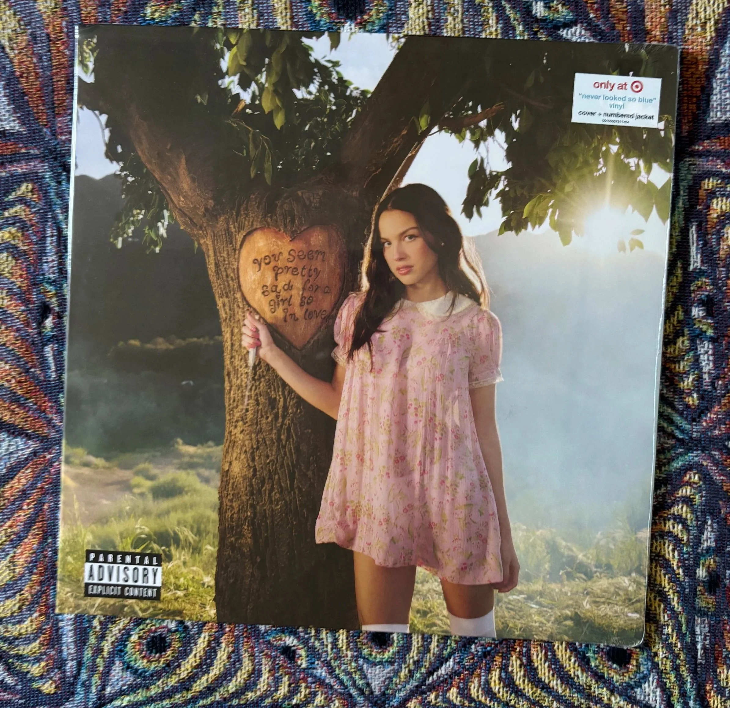 A magazine or booklet cover featuring a woman with dark hair wearing a pink floral dress, standing outdoors next to a large tree with a carved heart on the trunk. The heart contains the words 'You seem pretty, sad for a girl so in love.' The background shows a sunny sky and landscape. There is a sticker on the top right corner that reads 'only at Target' and 'never looked so blue' vinyl. A black and white 'parental advisory' label is at the bottom left corner.